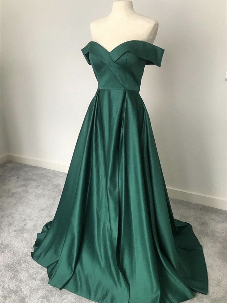 Off the Shoulder Green Satin Long Prom ...